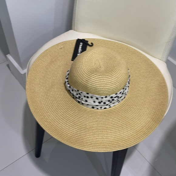 Karl Lagerfeld Large Straw Hat with White/Black Print Scarf/Trim main image 4